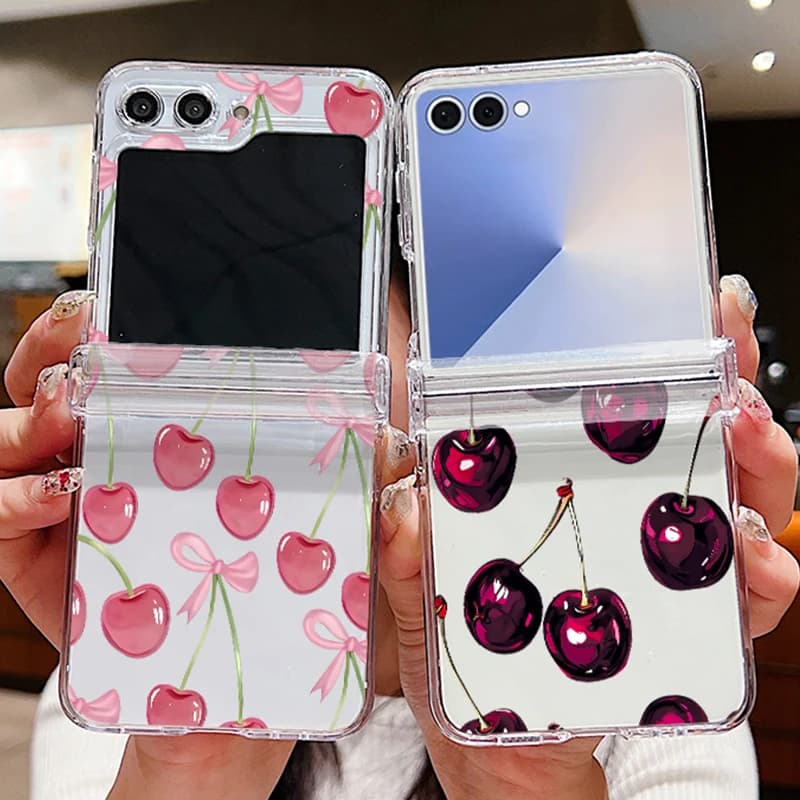 Cover per telefono con stampa ciliegia rosa per Samsung Galaxy Z Flip7 Flip6 Flip5 Flip4 Flip7 FE Flip3 5G, custodia rigida pieghevole in PC trasparente
