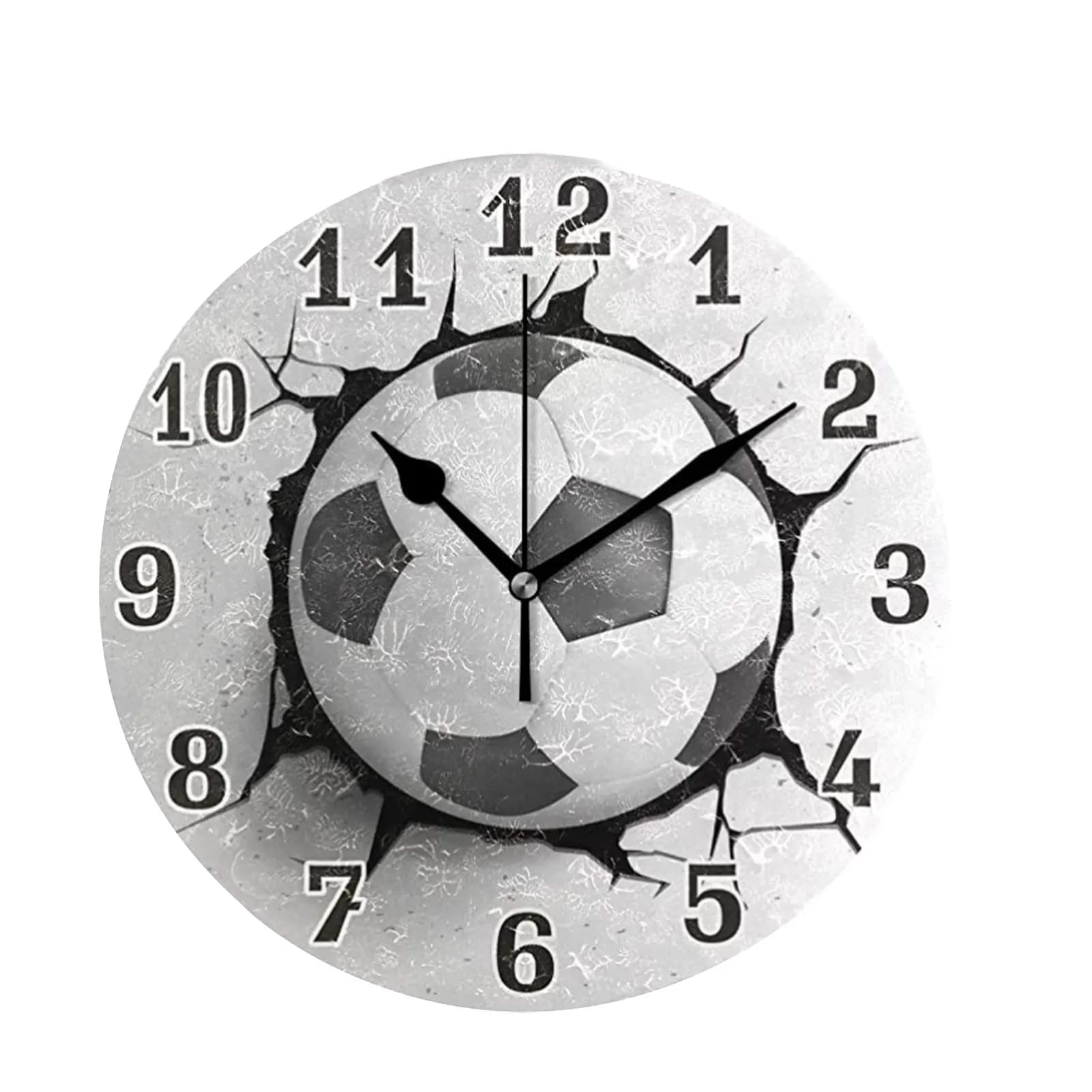 White wall clock with football crack in unique style, silent, without ticking, with artistic painting, multiple as shown