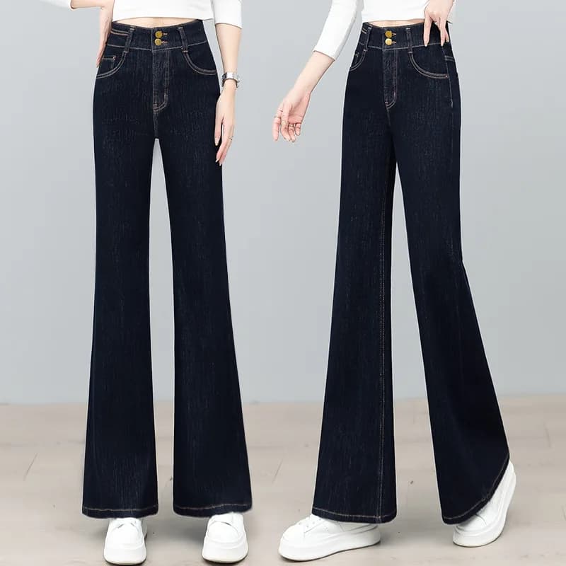 Jeans svasati in denim da donna, nuovi pantaloni svasati piccoli slim fit a vita alta autunnali