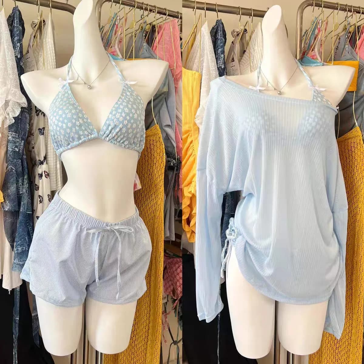 bikini sexy con stampa floreale conservatrice della moda coreana imposta pantaloncini in vita elastica da bagno 4 pezzi con costume da bagno grembiule con copertura in rete