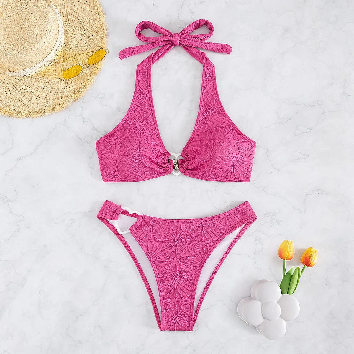 bikini sexy con anello a cuore e cravatta all'americana, set due pezzi, costume da bagno con motivo floreale, costume da bagno, costumi da bagno, biquini, tankini, beachwear