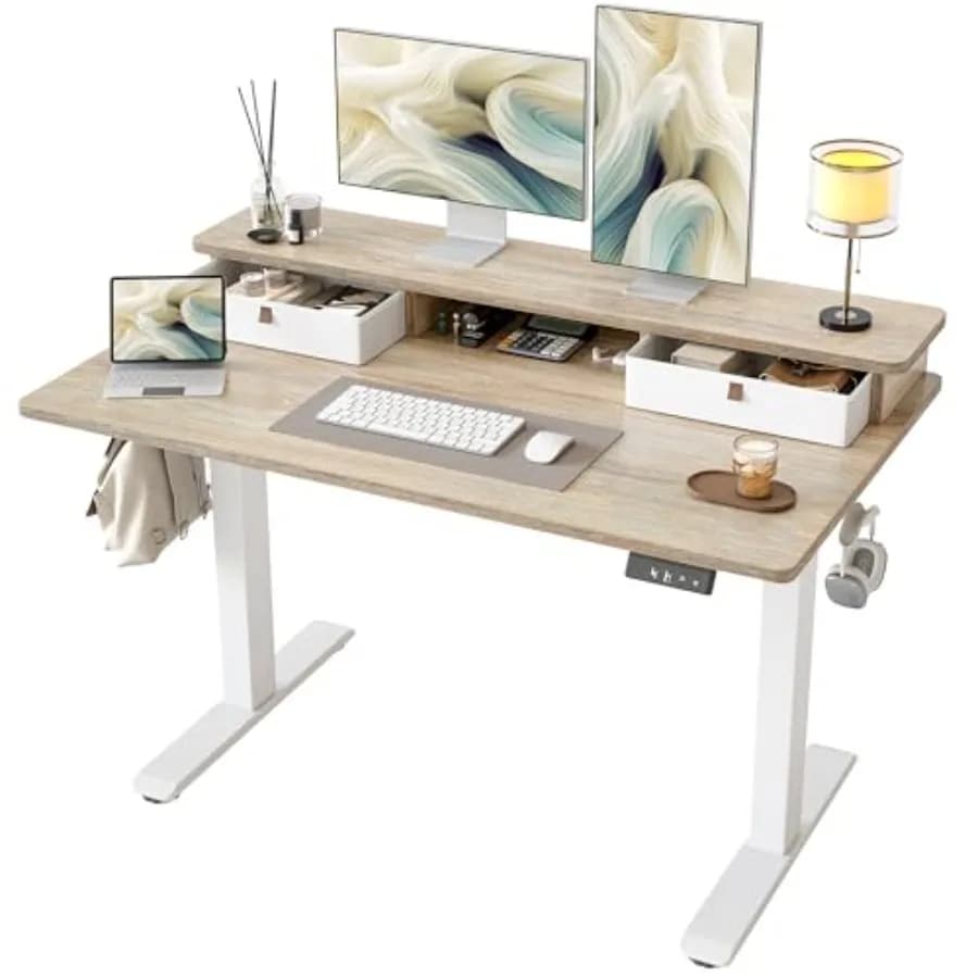 Scrivania Regolabile in Altezza con Due Cassetti, Tavolo Elettrico Sit-Stand con Ripiano Portaoggetti e Vano Portaoggetti Integrato
