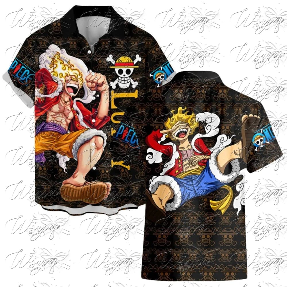 Summer New One Piece Nika Luffy Print Beach Shirts Men Women Anime Manga Short Sleeve Button Down Hawaiian Shirt Unisex Blouse