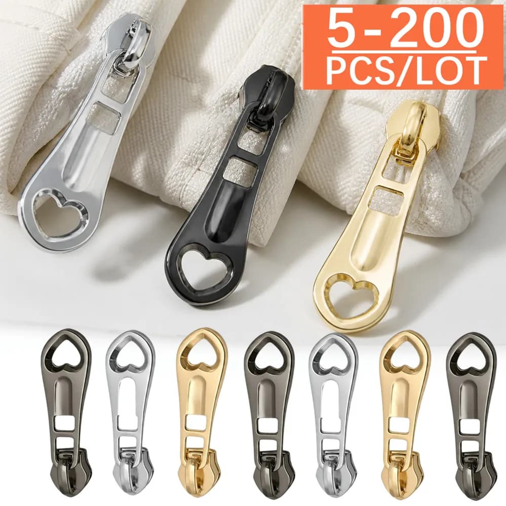 5/200Pcs 3# 5# Zipper Pulls for Nylon Zippers Tape Heart Zip Sliders Clothes Sewing Zips Puller Head DIY Repair Kits Accessories