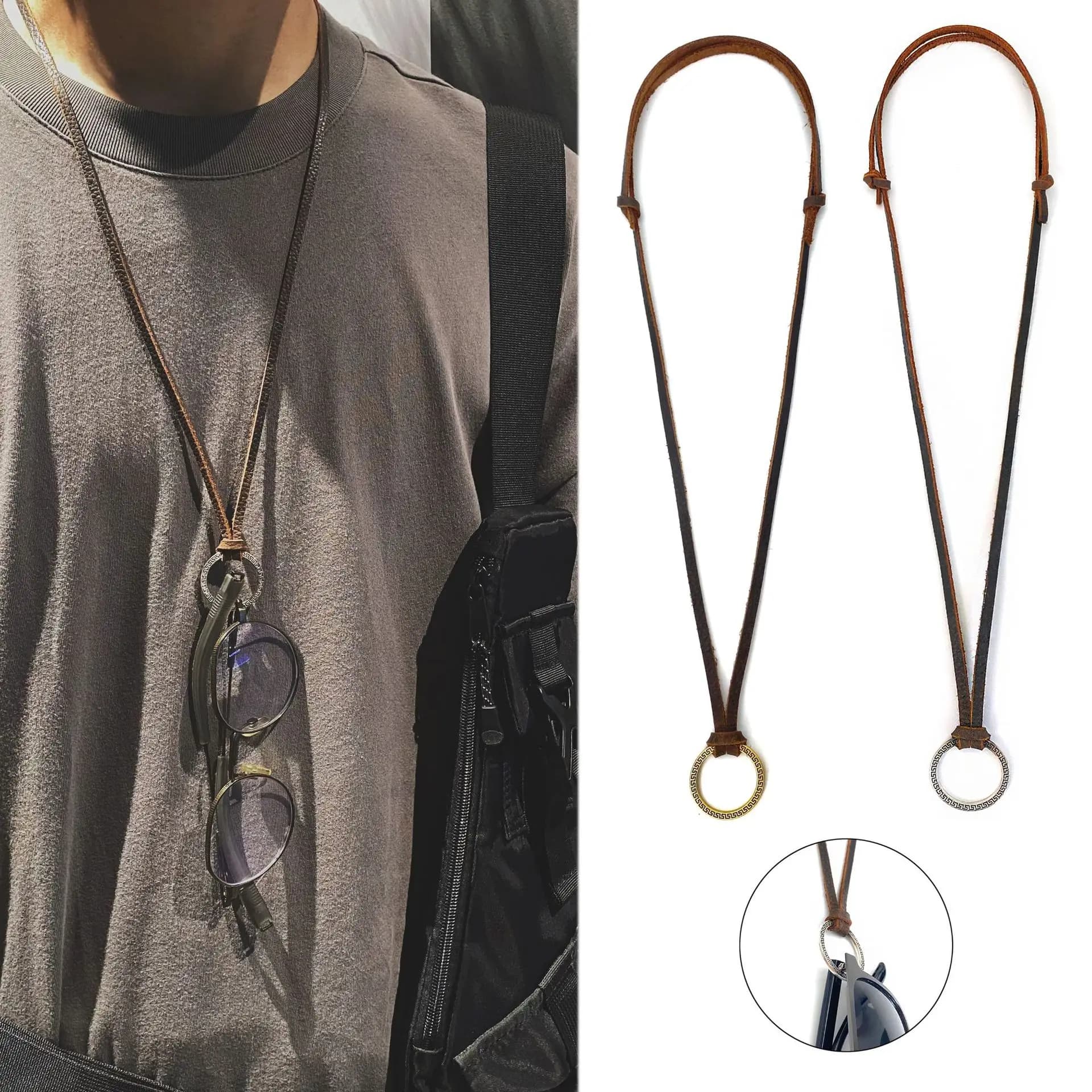 Trendy Retro Hong Kong Style American Casual Adjustable Genuine Leather Necklace Sunglasses Strap Glasses Cord