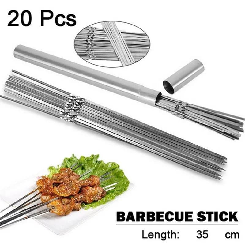 Spiedini per grigliare tubo di stoccaggio spiedino per Barbecue in acciaio inossidabile bastoncini per aghi per Barbecue forchette piatte in metallo per gadget da campeggio da cucina