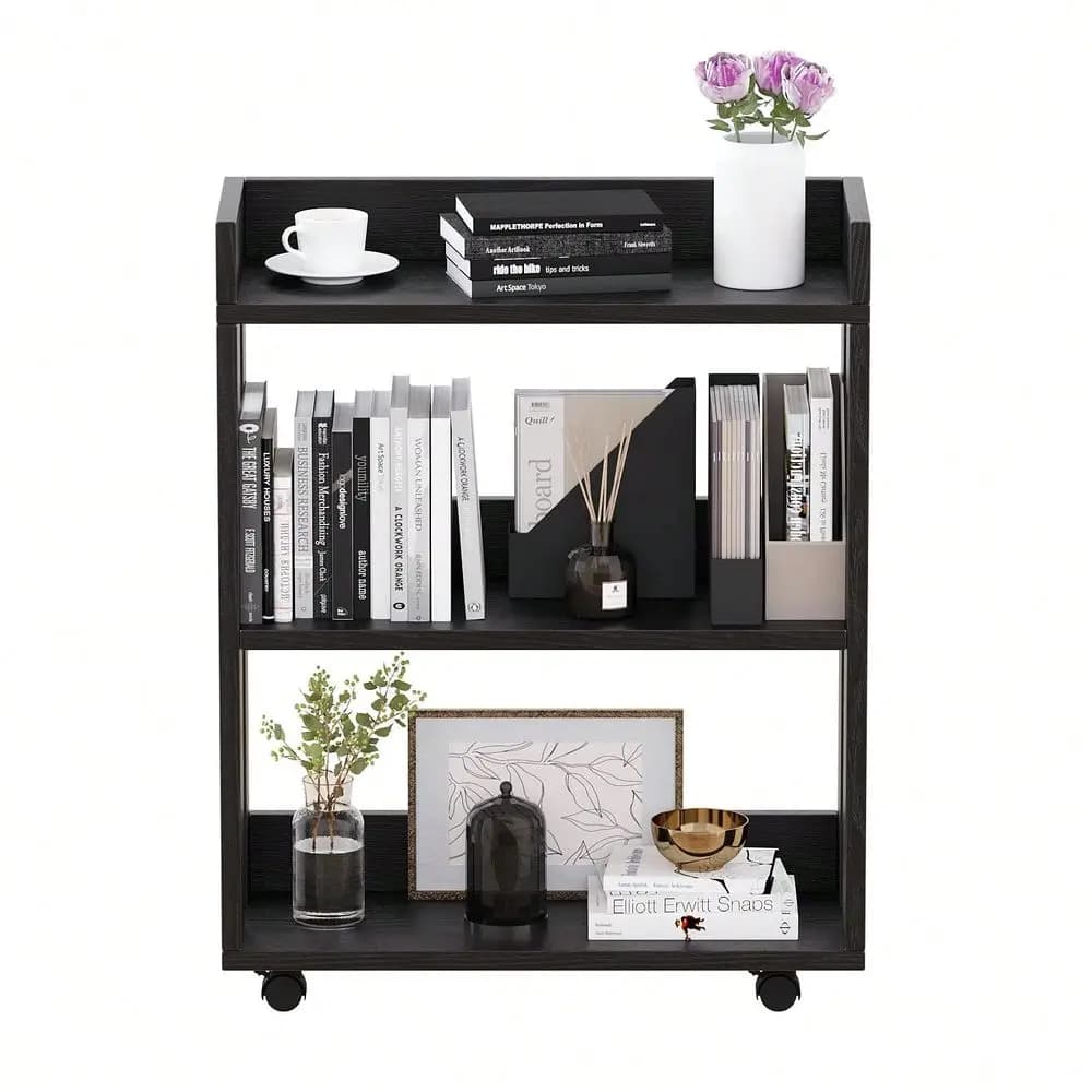 Libreria mobile con ruote a 3 livelli, piccole librerie in legno per piccoli spazi, organizer per libri stretti per camera da letto, soggiorno