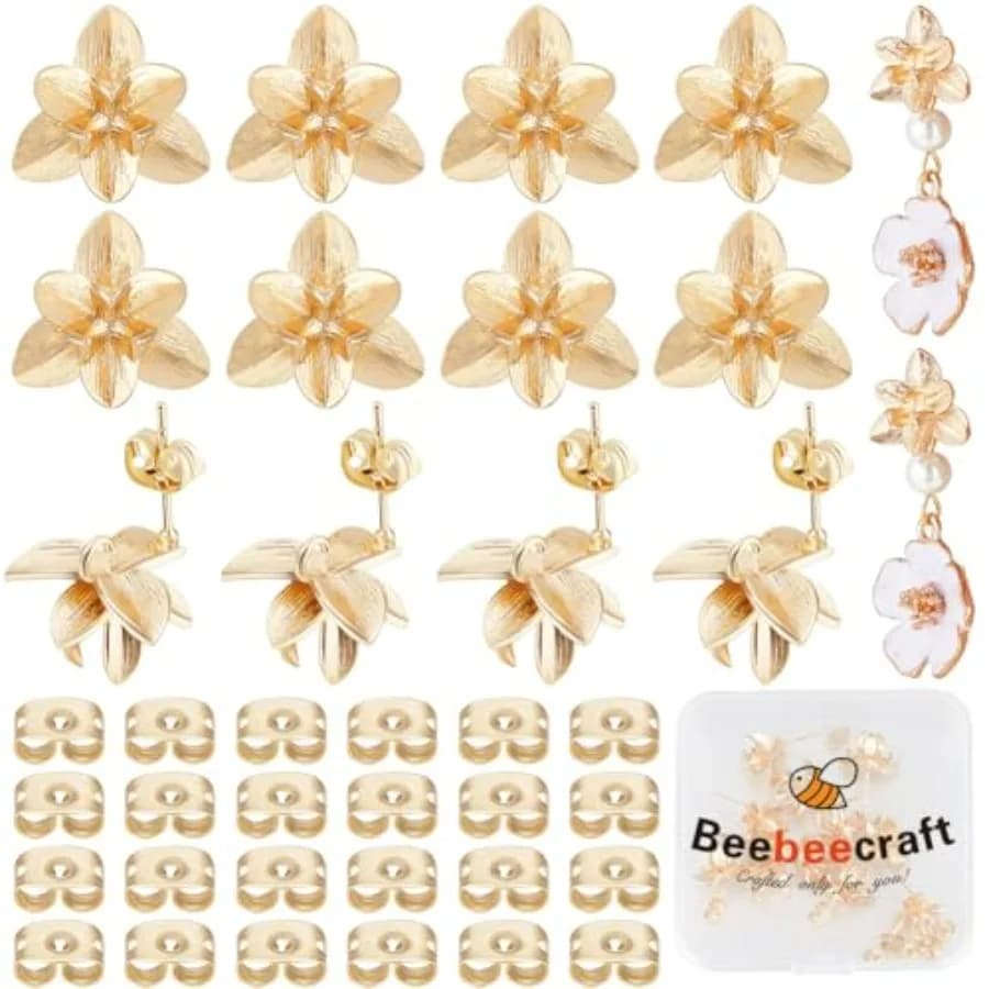 Beebeecraft 1 Box 14Pcs Flower Stud Earring Findings 18K Plated Three-Dimensional Flower Earring Posts with Loop Backs for Jewe