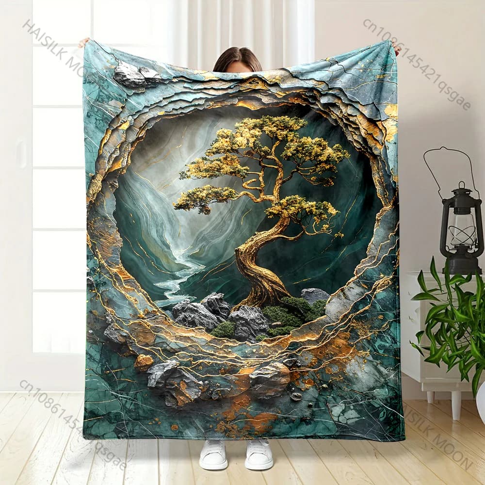 Coperta con stampa albero dorato in giada a strati, calda, morbida e soffice, per bambini e adulti, per divano, letto, viaggi, campeggio, camper