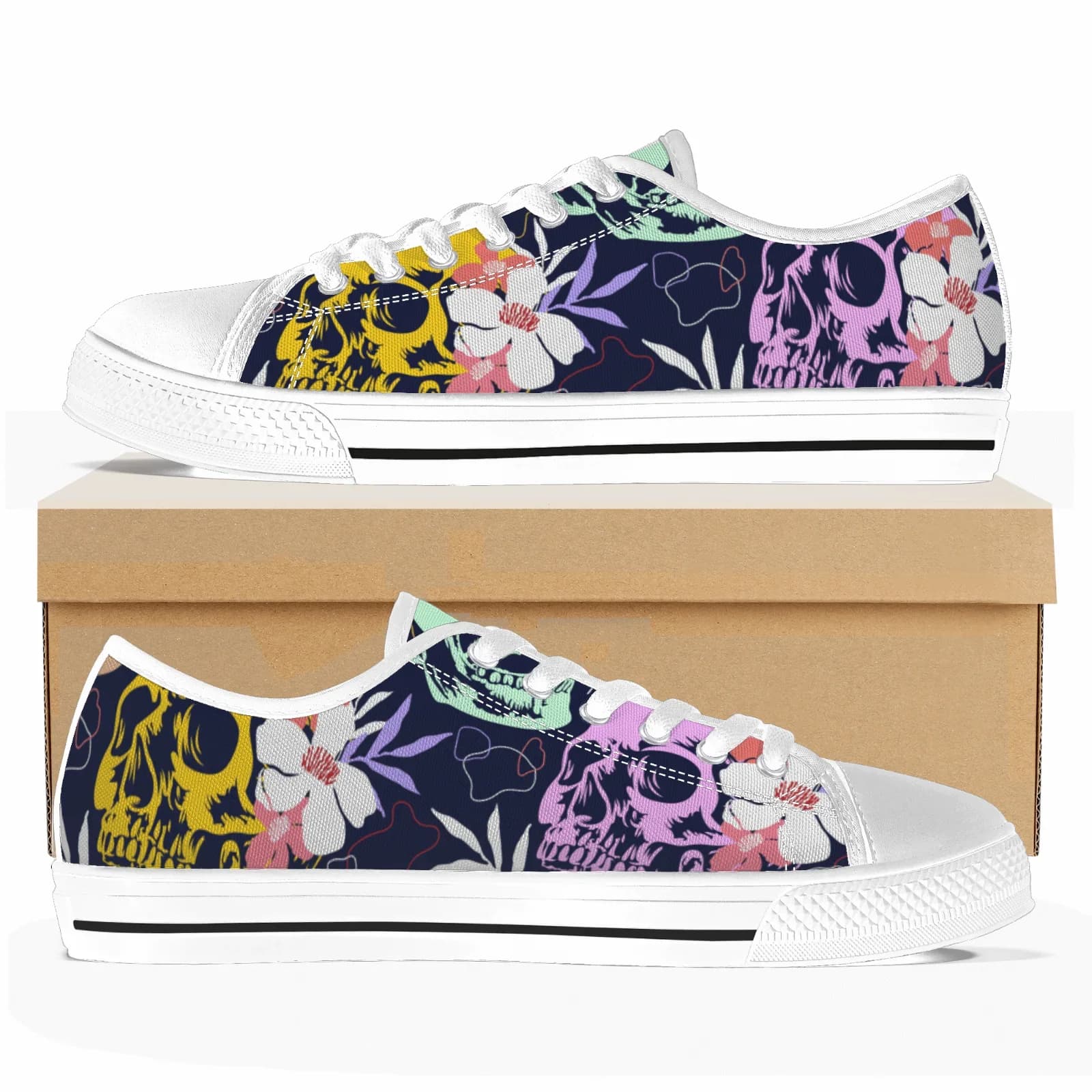 Custom Shoes Skull Floral Pattern Classic High Top Canvas Shoes Vulcanized Shoes Flats Sneakers High Quality Footwears