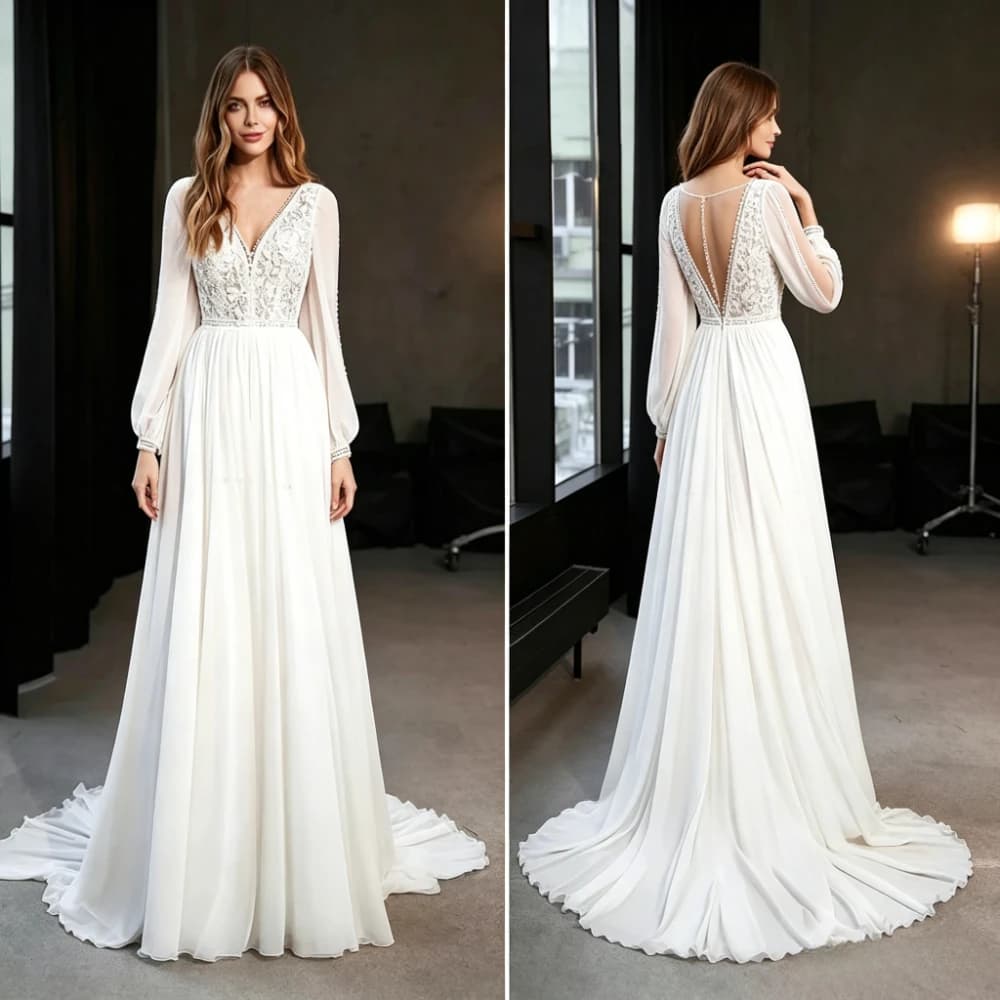 Customized Romantic Boho A Line Wedding Dress Deep V Neck Puff Floral Lace Appliques Beading Soft Chiffon Skirt Sheer Back