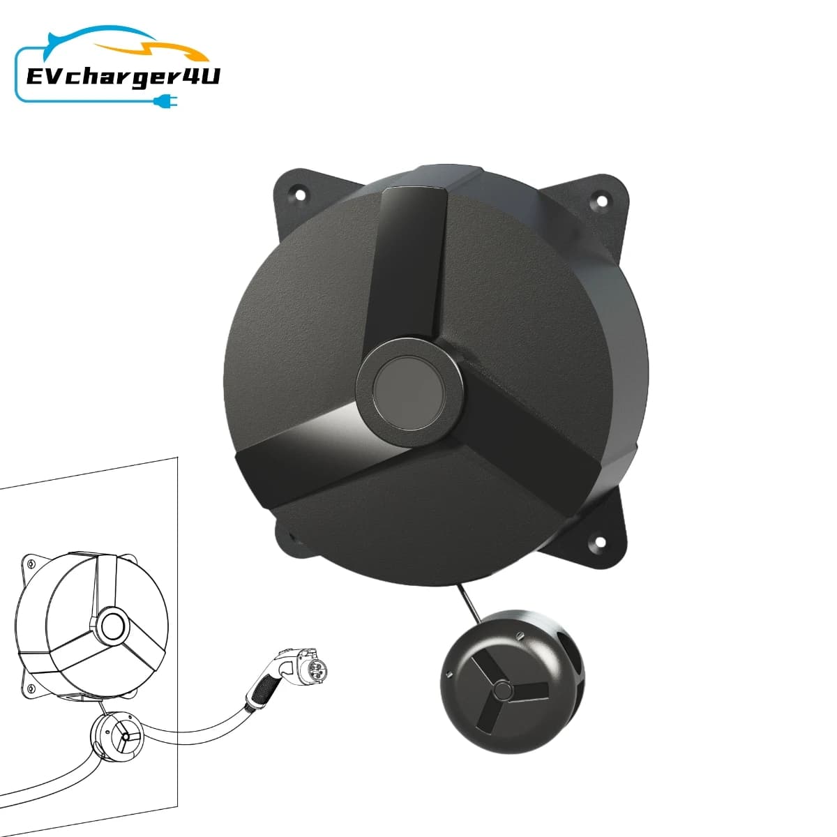 EVcharger4U Avvolgicavo Wallbox per Ricarica Veicoli Elettrici Tipo 2 Tipo 1 GBT NACS Wallbox