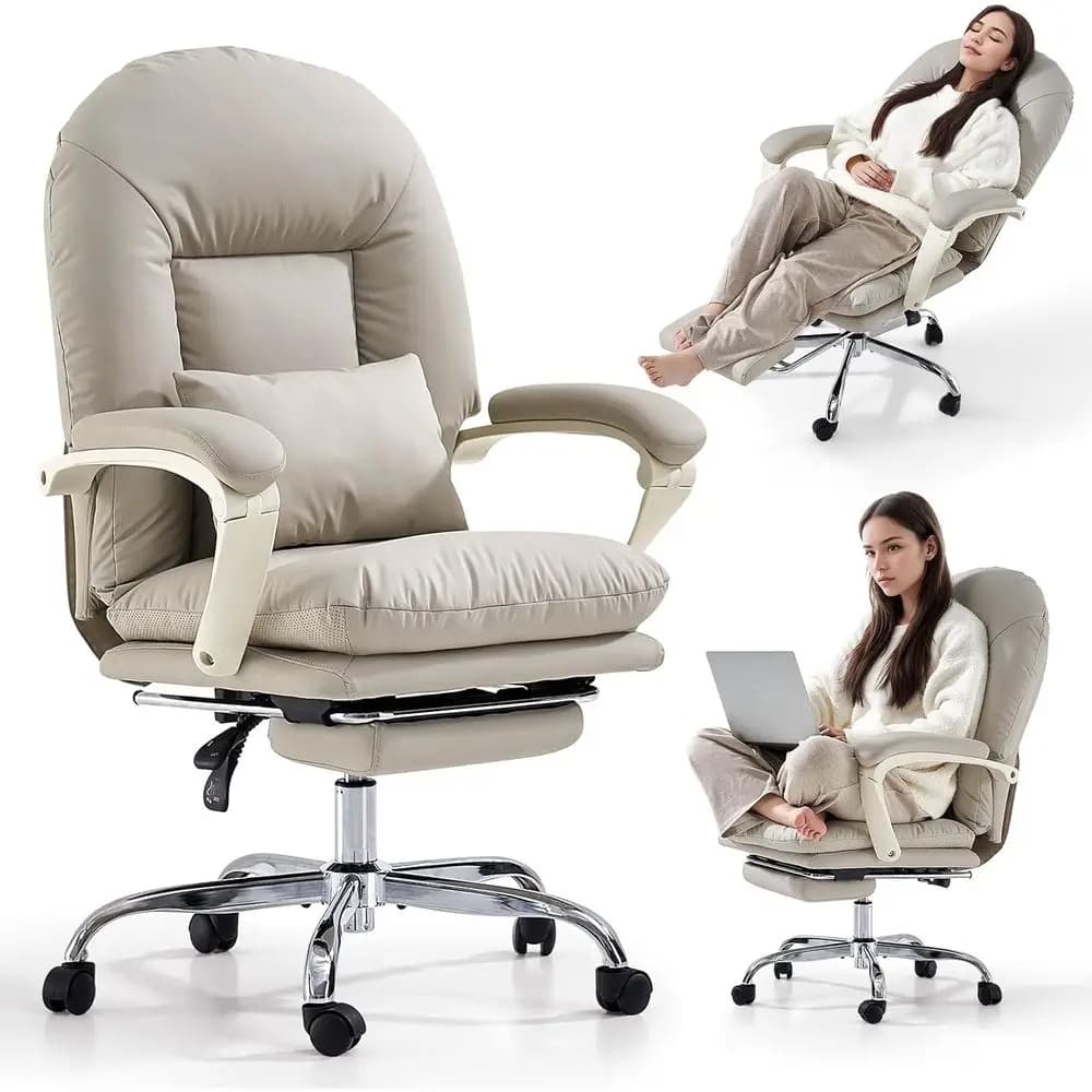 Sedia Girevole Ergonomica in Pelle PU con Poggiapiedi, Ruote e Supporto Lombare per Casa o Ufficio (Beige)