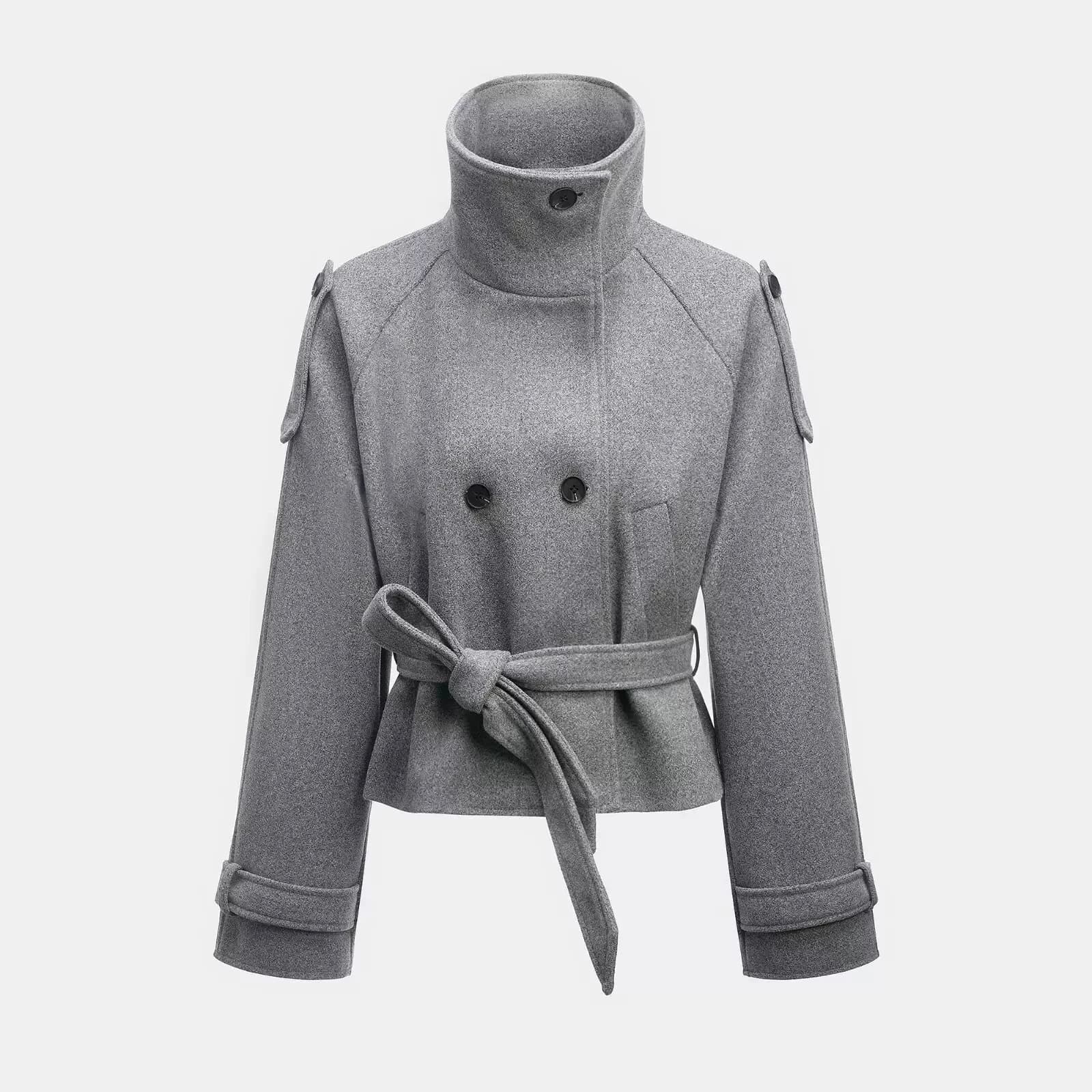 Women's Stand Collar Woolen Short Coat Double Breasted Belted Cropped Jacket Autumn Winter Loose Long‑Sleeve Chic Warm Outerwear