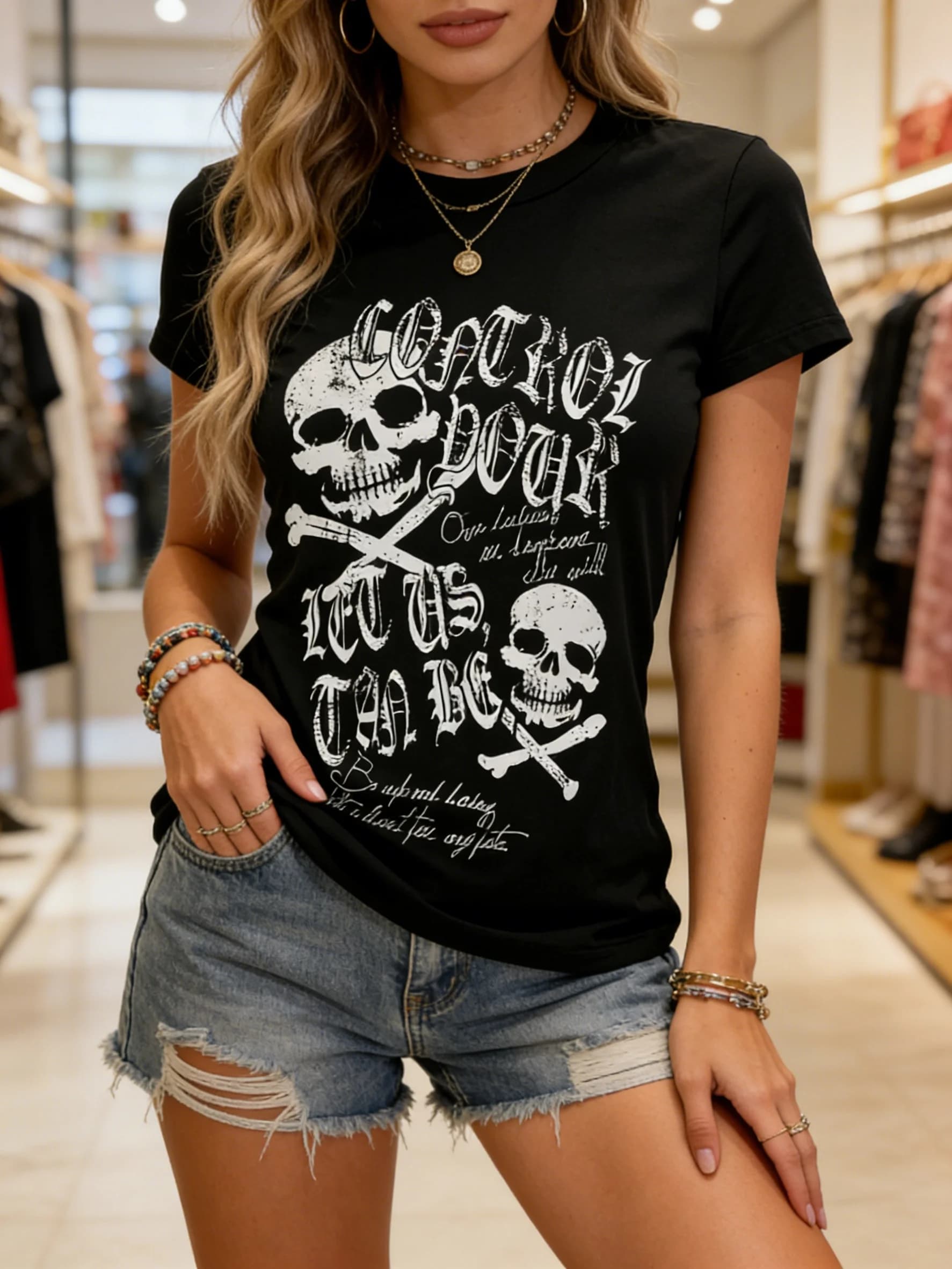 T-shirt slim estiva da donna con scollo a V, maglietta nera con scollo a V a maniche corte con stampa anime Cross Punk Subculture