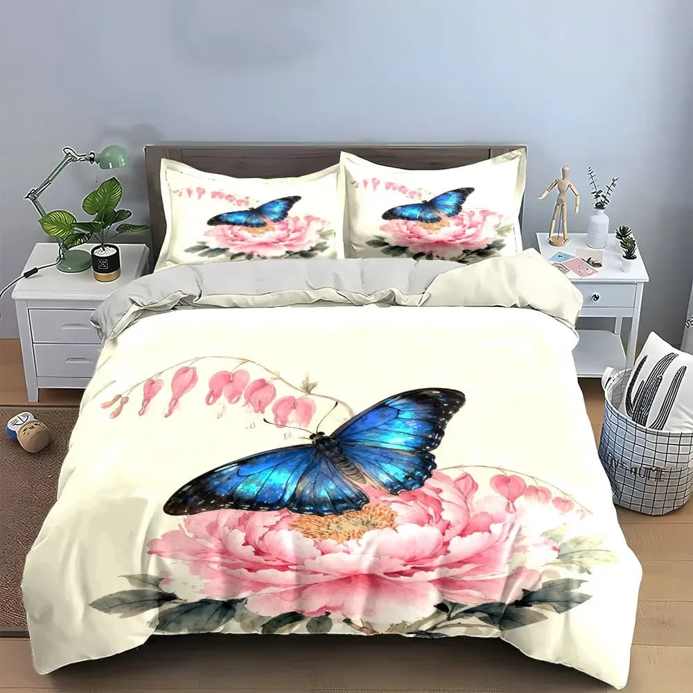 Set di decorazioni floreali a forma di farfalla, set di biancheria da letto con copripiumino morbido e confortevole, include 1 copripiumino e 2 federe, regalo