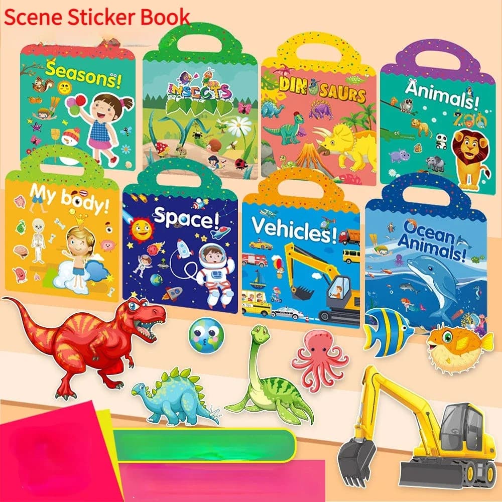 Libro di adesivi riutilizzabile per bambini Scenari multipli Cartoon Puzzle fai da te Giocattoli educativi per l'apprendimento della cognizione per bambini di età 2-4 anni Regalo 2025