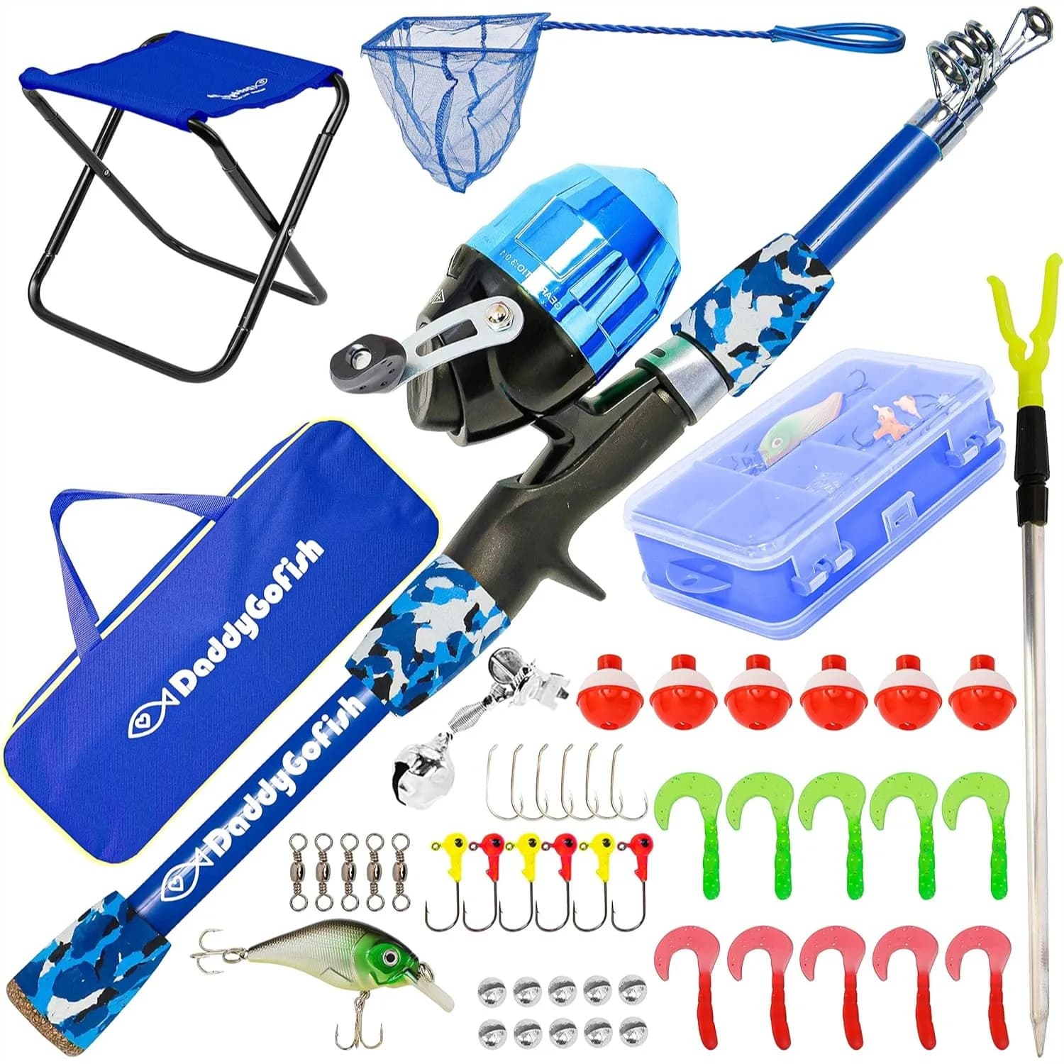 Set Canna da Pesca per Bambini con Mulinello, Scatola Attrezzi, Sedia Pieghevole e Borsa per il Trasporto - Kit Completo per Ragazzi, Ragazze e Bambini Piccoli