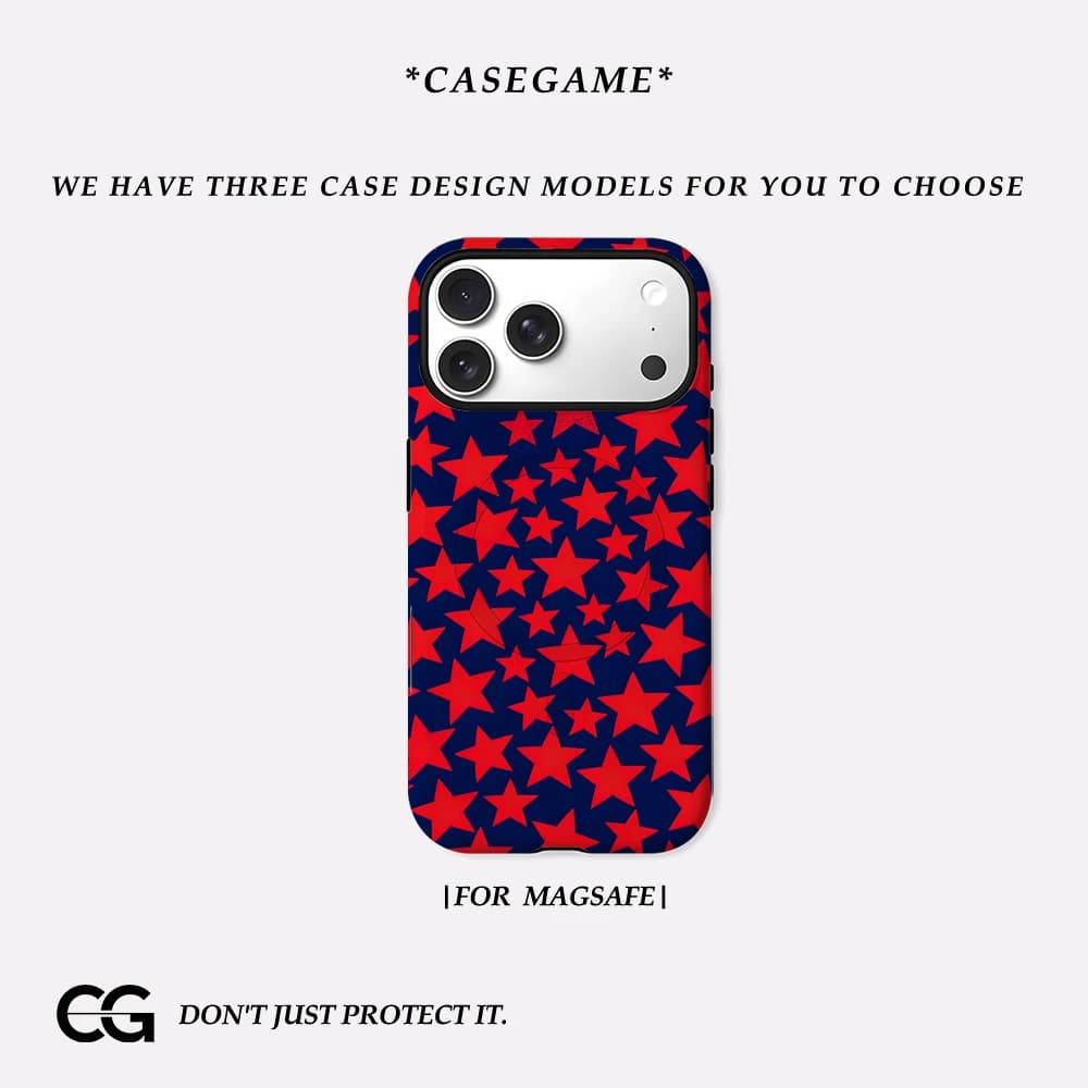 Casegame Cover Opaca Antiurto per MagSafe per iPhone 17 16 15 14 Plus 13 Pro Max, in PC Rigido, Stelle Rosse su Blu Scuro
