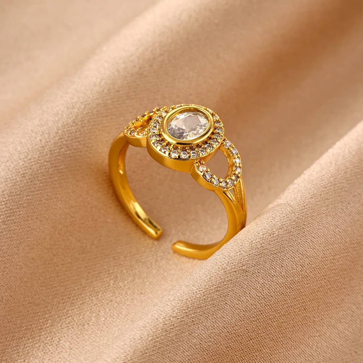Zircon Geometric Oval Rings For Women Gold Plated Stainless Steel Oval Opening Ring Wedding Party Jewelry Gift