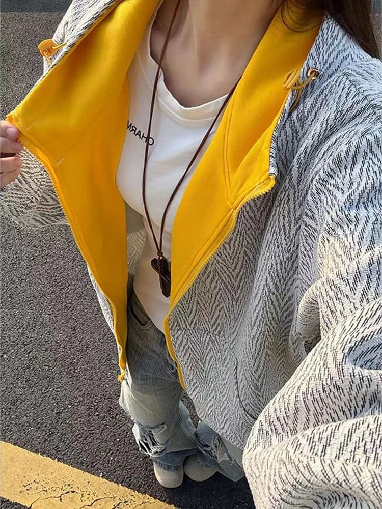 Felpa con cappuccio pesante con cerniera unisex, design a blocchi di colore scozzese sulle spalle, casual, alla moda, in fibra di poliestere, anti-piega, lunga
