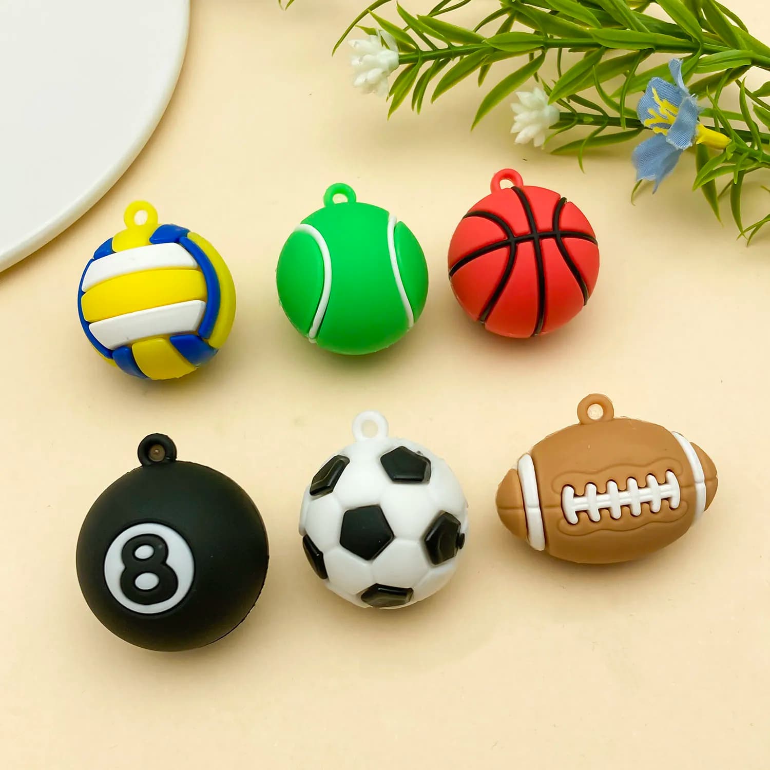 6/10pcs Mixed Sports Ball Soft PVC Charms Soccer Basketball Tennis Pendants For DIY Keychain Necklace Jewelry Making Supplies