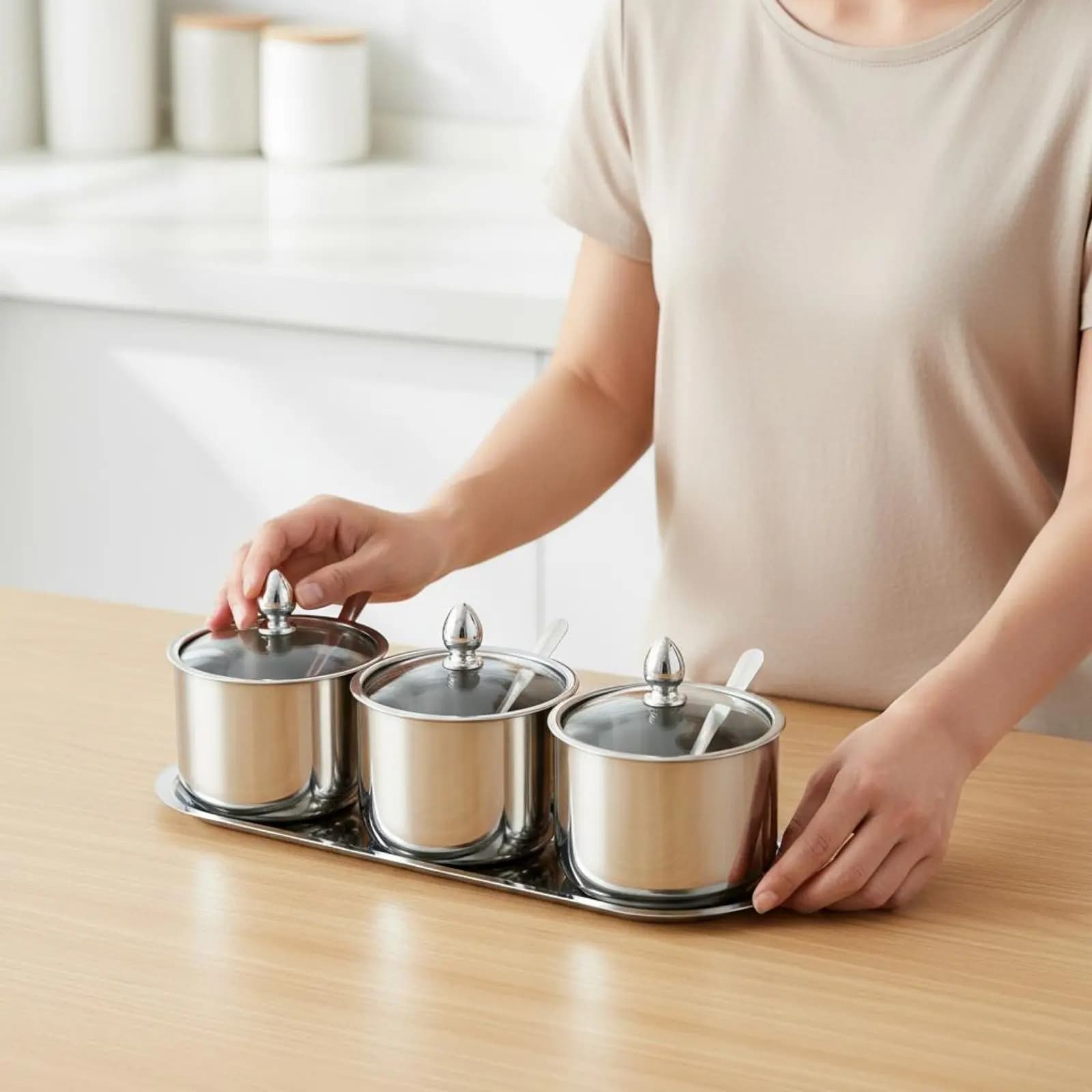 Set di Contenitori per Spezie in Acciaio Inox Lavabili in Lavastoviglie Organizzatore per Condimenti da Bancone Cucina e Tavola da Pranzo