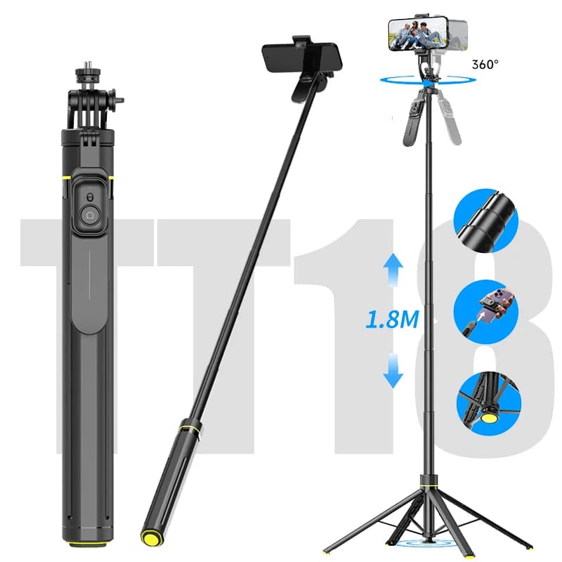 Treppiede per selfie stick Bluetooth allungabile TT18 Treppiedi per telefono con apertura automatica da 1,8 m Supporto con maniglia di bilanciamento Fotocamera compatibile TiKTok