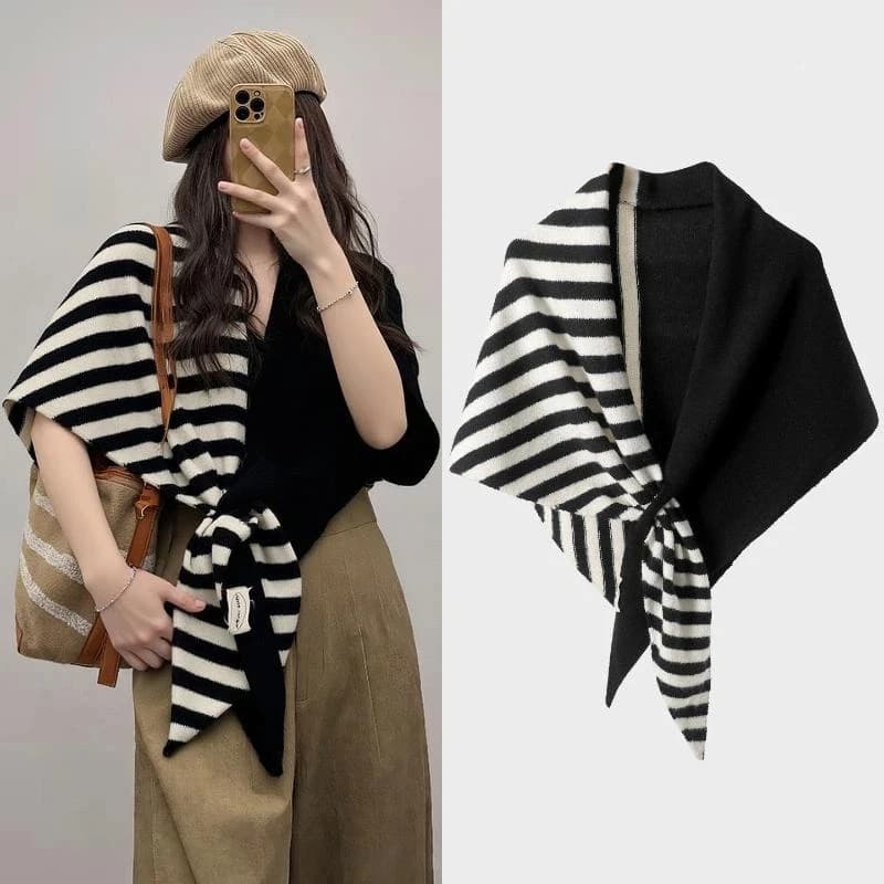 Color Matching Stripes Scarf For Women Knitted Big Triangular Shawl Winter Versatile Knitted Shawl Warm Scarf