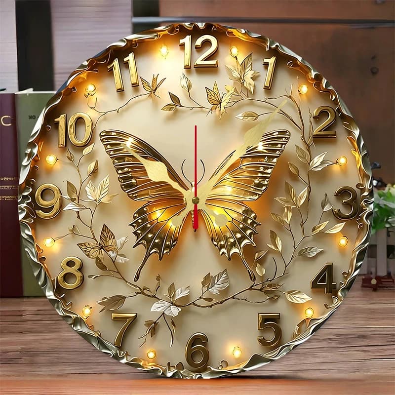 Round wooden wall clock with golden butterfly, suitable for living room, office, study room, bedroom, home decoration