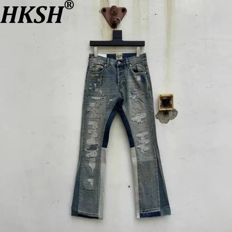 HKSH Nuovi Jeans Estivi da Uomo Stile Punk Vintage con Effetto Schizzi di Vernice, Cuciture a Mano, Strappati e Lavati, Pantaloni in Denim da Donna High Street HK24414