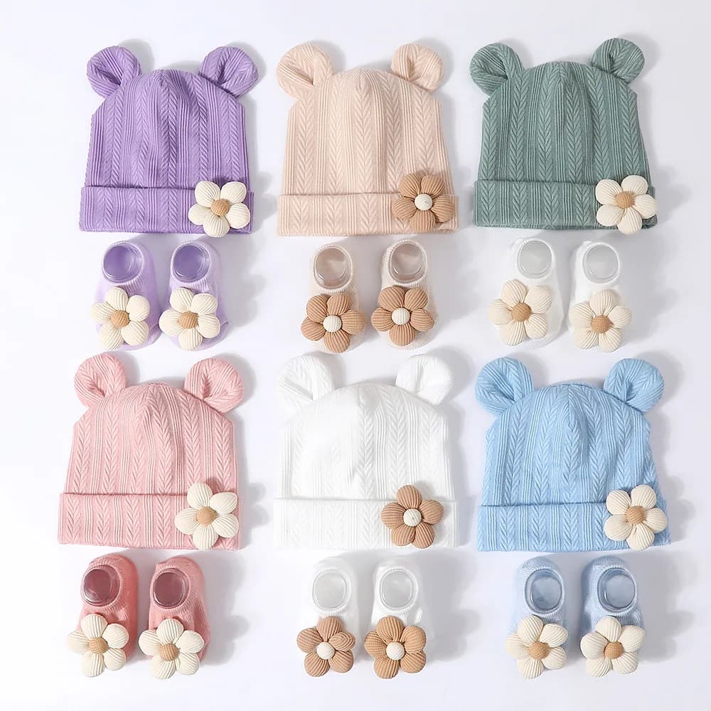 New 1Set Cute 3D Floral Baby Warm Hats Socks For Newborn Soft Cotton Prewalker Socks Hat Girl Infant Cap Beanies Turban Socks