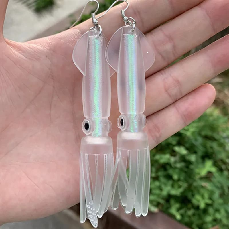 Light/colored squid-shaped women's earrings, bionic soft baits, fishing gear, custom jewelry, gifts for fishing lovers
