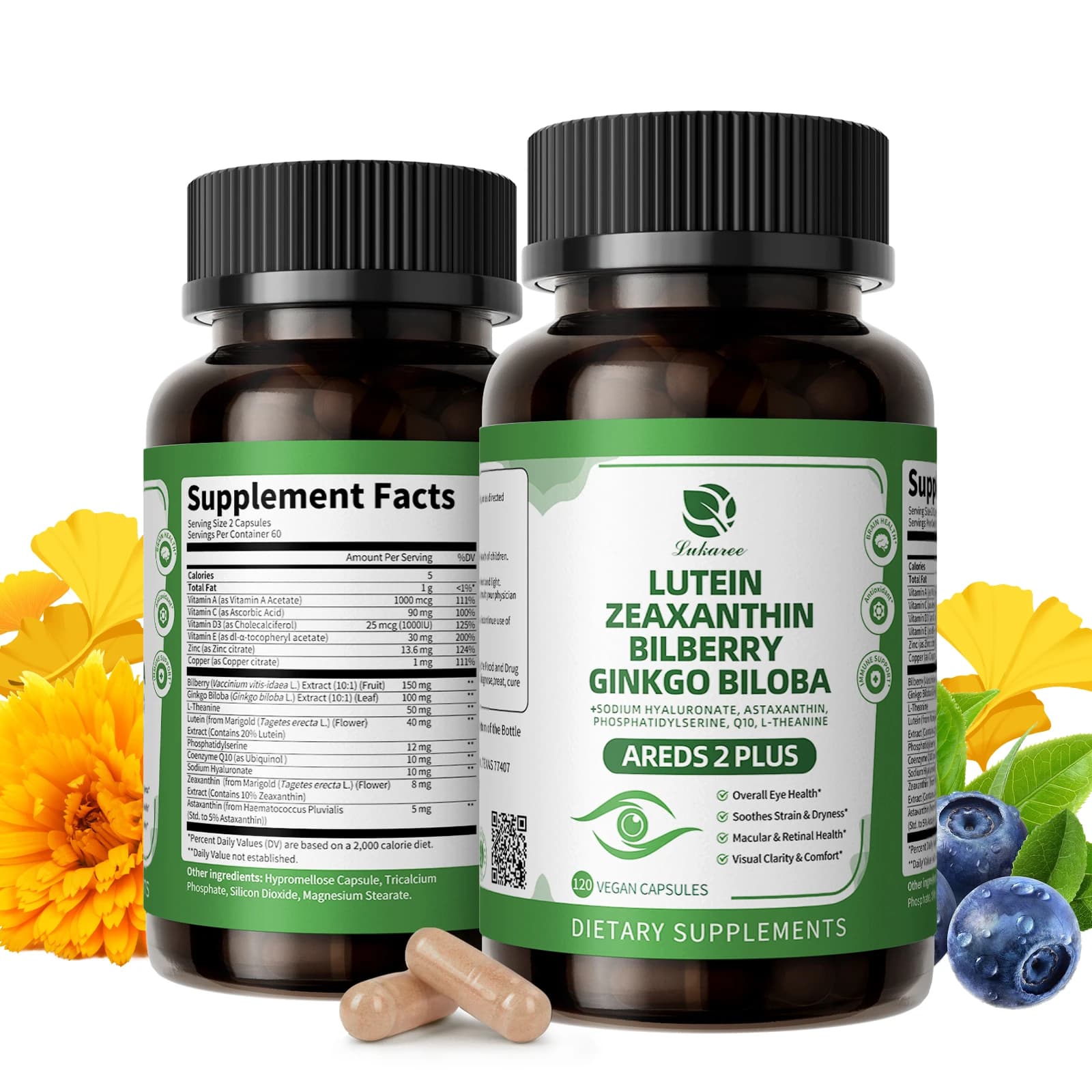 Lukaree supplements of Lutein and Zeaxanthin, Vitamins for Eyes with Blueberry and Astaxanthin, Ginkgo Biloba for Eye Health and Cerebral Support
