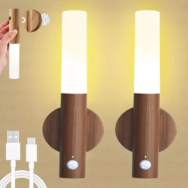Applique da Parete Ricaricabili, Luci Magnetiche da Parete, Luce Notturna con Sensore di Movimento, Illuminazione in Legno per Camera da Letto e Scale