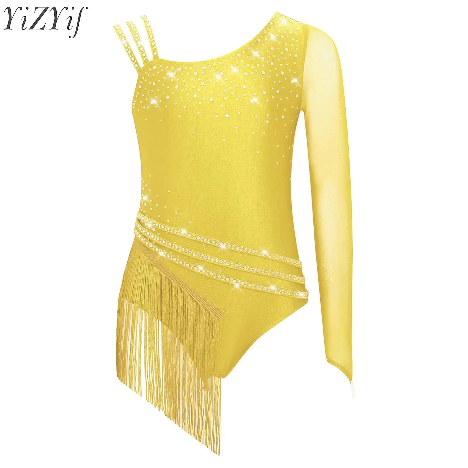 Bambini Ragazze Balletto Ginnastica Body con gonna Strass Frangia Body Figura Pattinaggio su ghiaccio Dancewear lirico Performance sul palco