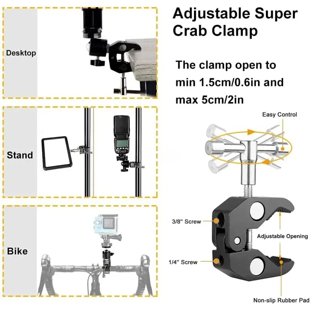 Morsetto Super Clamp in Metallo con Rotazione a 360° ° Morsetto a braccio magico a doppia testa sferica con foro da 1/4" e 3/8" per fotocamera DSLR, monitor, luce LED, microfono