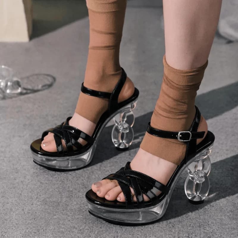 Women's Patent Strappy Platform Sandals Clear Sculptural Chain Block High Heels Open Toe Crisscross Straps Adjustable Ankle Strap Buckle