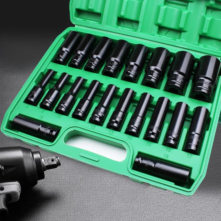 Set di bussole a impatto a 6 punti con attacco da 1/2 pollice 10-20 pezzi/set Dimensioni metriche da 8-32 mm Set di bussole a impatto in acciaio al carbonio con scatola di immagazzinaggio rigida