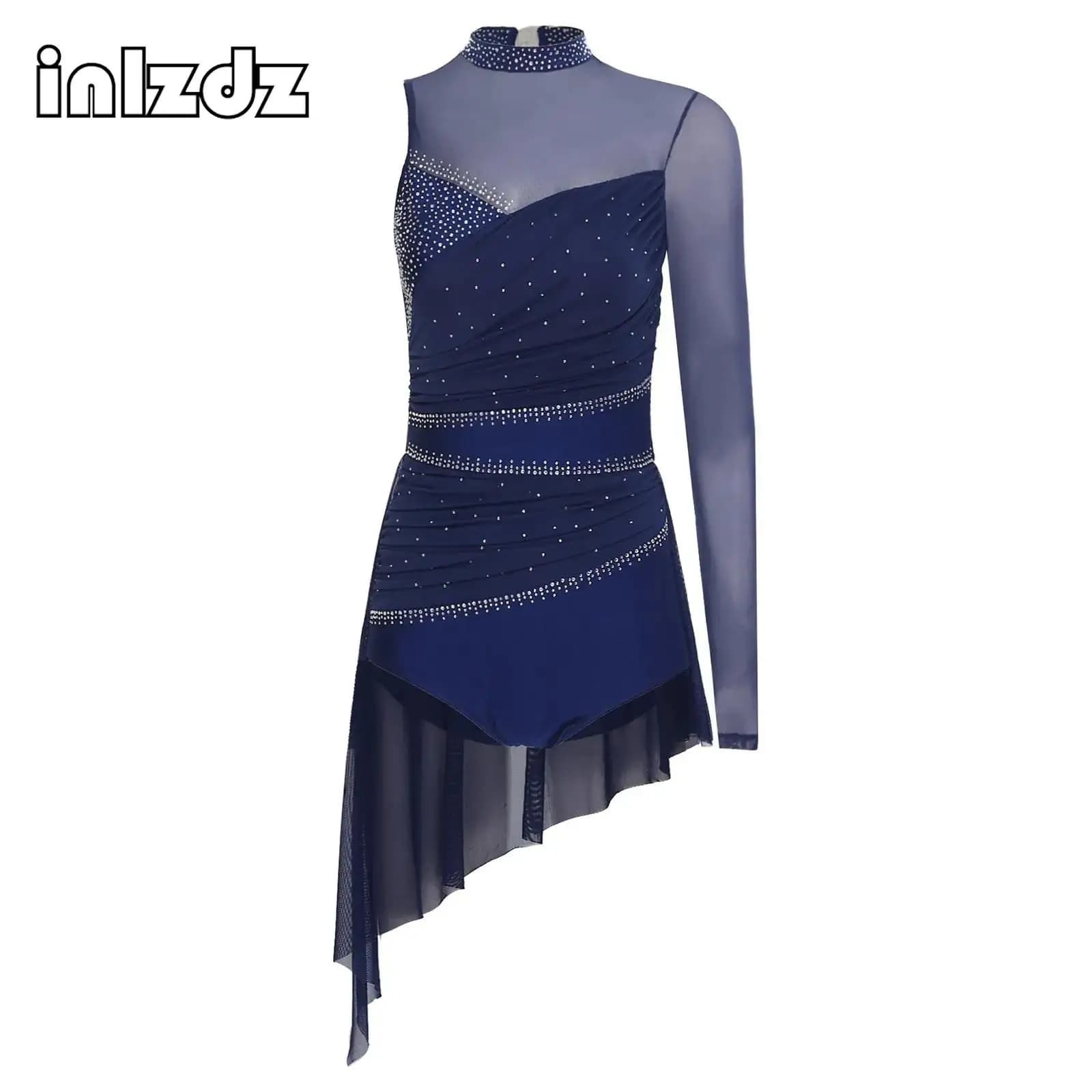 Pattinaggio di figura su ghiaccio da donna Abito da balletto monospalla Moden Costume da ballo lirico Tutu con gonna Ginnastica Body Dancewear