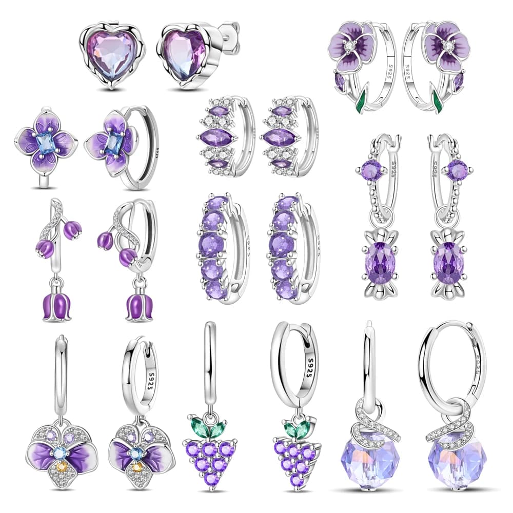 Purple Series 925 Sterling Silver Heart-Shaped Delicate Flower Candy Grape Violet Earrings Romantic Gifts for Dates