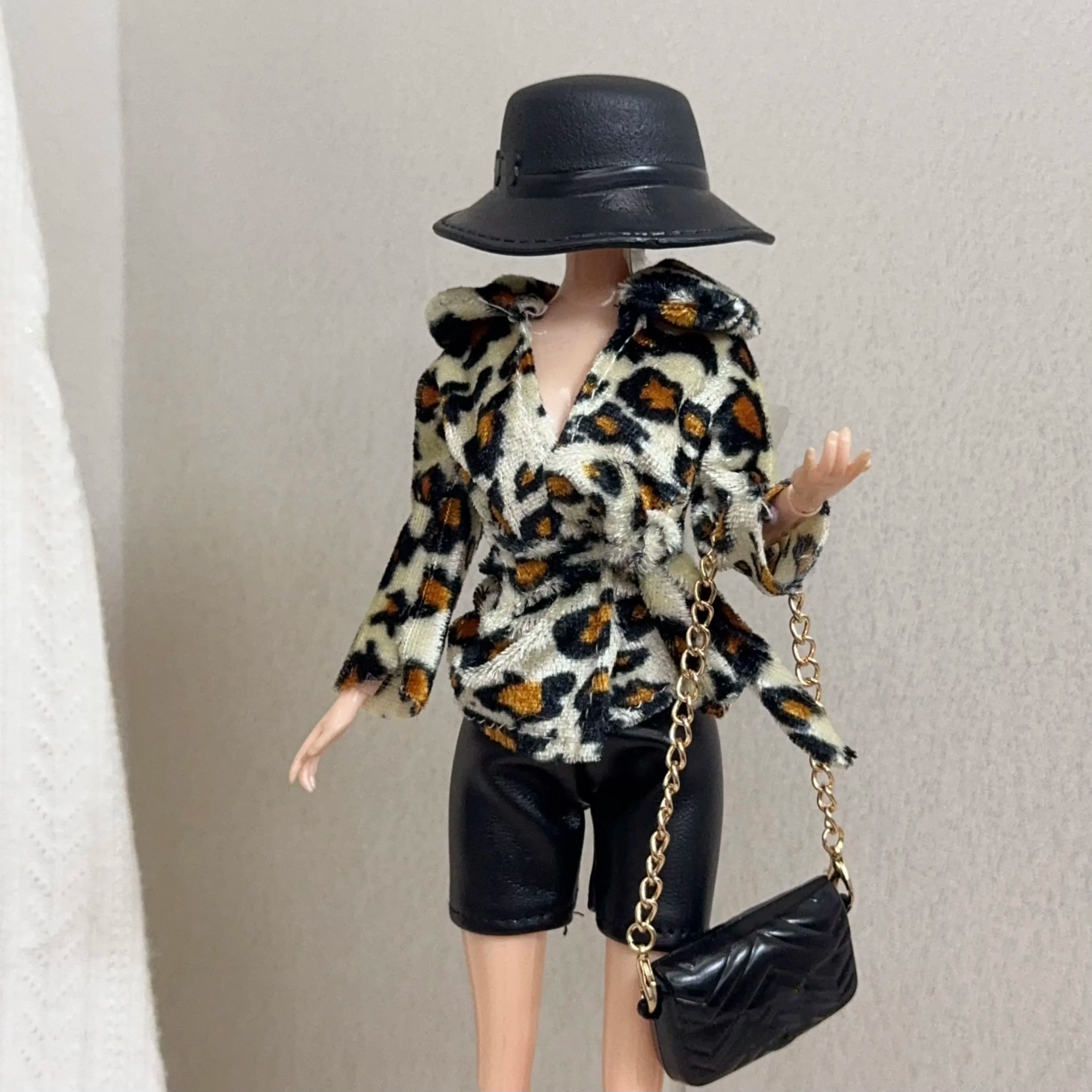 1/6 Doll Clothes Accessories Fashion Y2K Leopard-print Shirt+Leather Trousers+Boots+Hat For 30cm Babi Supermodel Doll Dress Up