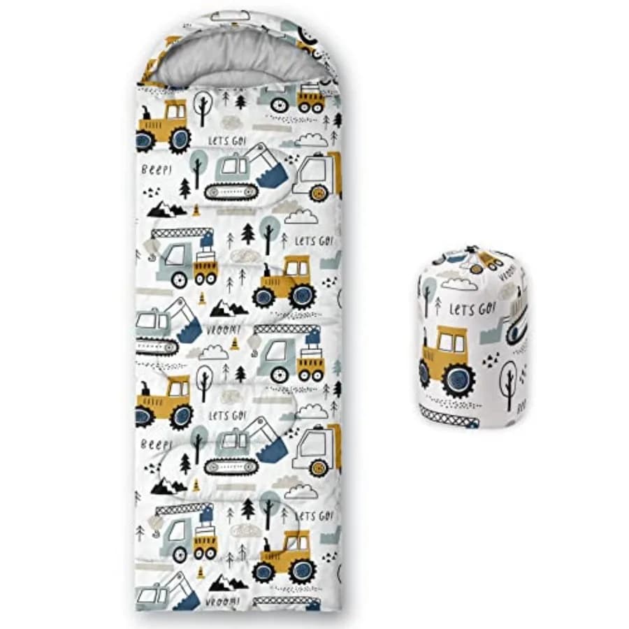 Sacco a pelo per bambini e bambine, con stampa camion da cantiere - Leggero, caldo, portatile, per esterni e interni - Impermeabile, resistente al freddo