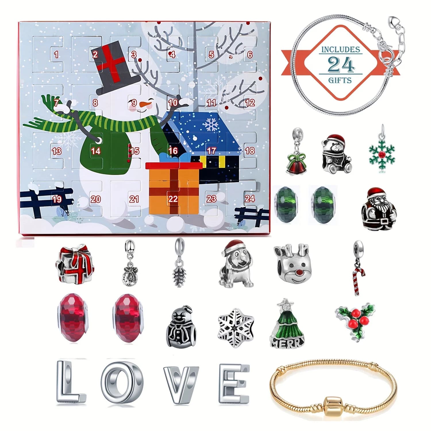 Set di braccialetti per calendario dell'Avvento di Natale con pupazzo di neve Set di calendario per il conto alla rovescia di Natale da 24 giorni Kit per la creazione di gioielli fai-da-te Regali di compleanno