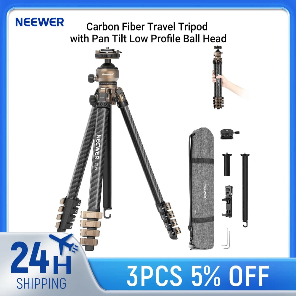 Treppiede da Viaggio in Fibra di Carbonio NEEWER LITETRIP con Testa a Sfera Pan-Tilt a Basso Profilo, Supporto per Fotocamera DSLR e Telefono Tipo Arca da 62,4 Pollici