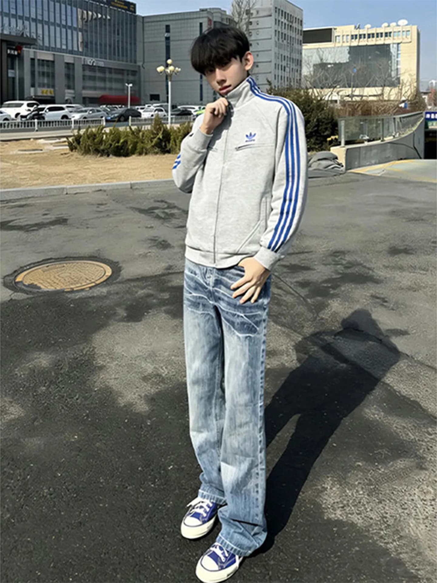 Jeans a gamba dritta da uomo Zlayco, micro svasati, stile americano, vita alta, lavaggio stone washed, casual, resistenti all'usura e indeformabili