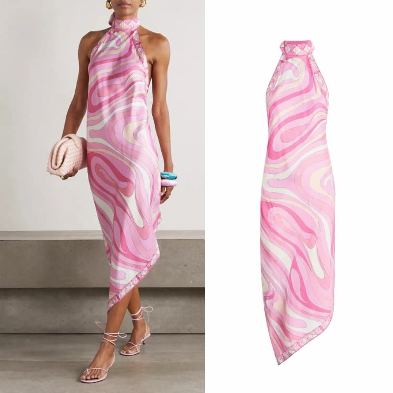 Elegant Halter Backless Printed Satin Vacation Long Dress Women Chic Sleeveless Backless Loose Irregular Robe Beach Lady Dress