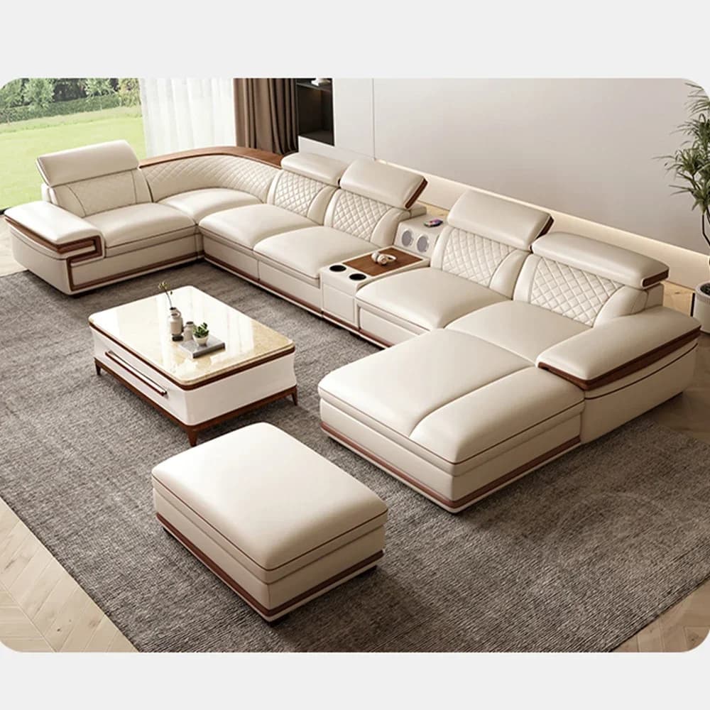 MINGDIBAO Set di Divani in Vera Pelle Italiana Premium per Soggiorno con Poggiatesta Regolabili, Altoparlante Bluetooth, Ricarica Wireless