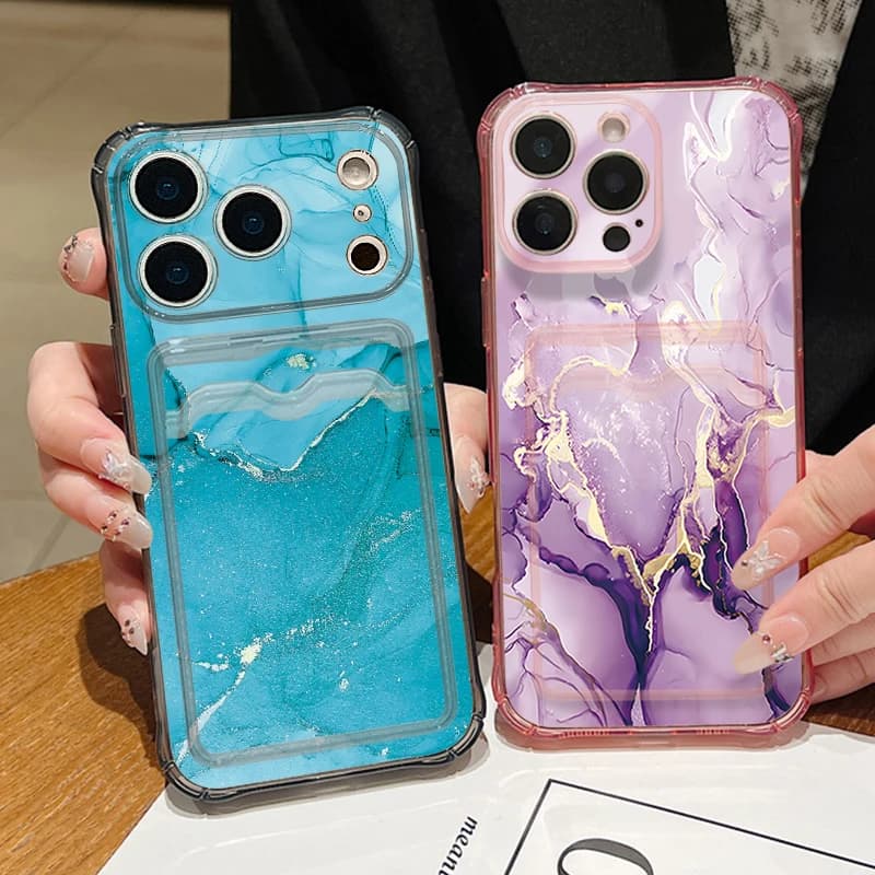 Custodia per telefono con motivo marmorizzato colorato per iPhone 17 16 15 14 13 Pro Max 17 Pro Air 17e 16e 11, trasparente, antiurto, morbida, con porta carte