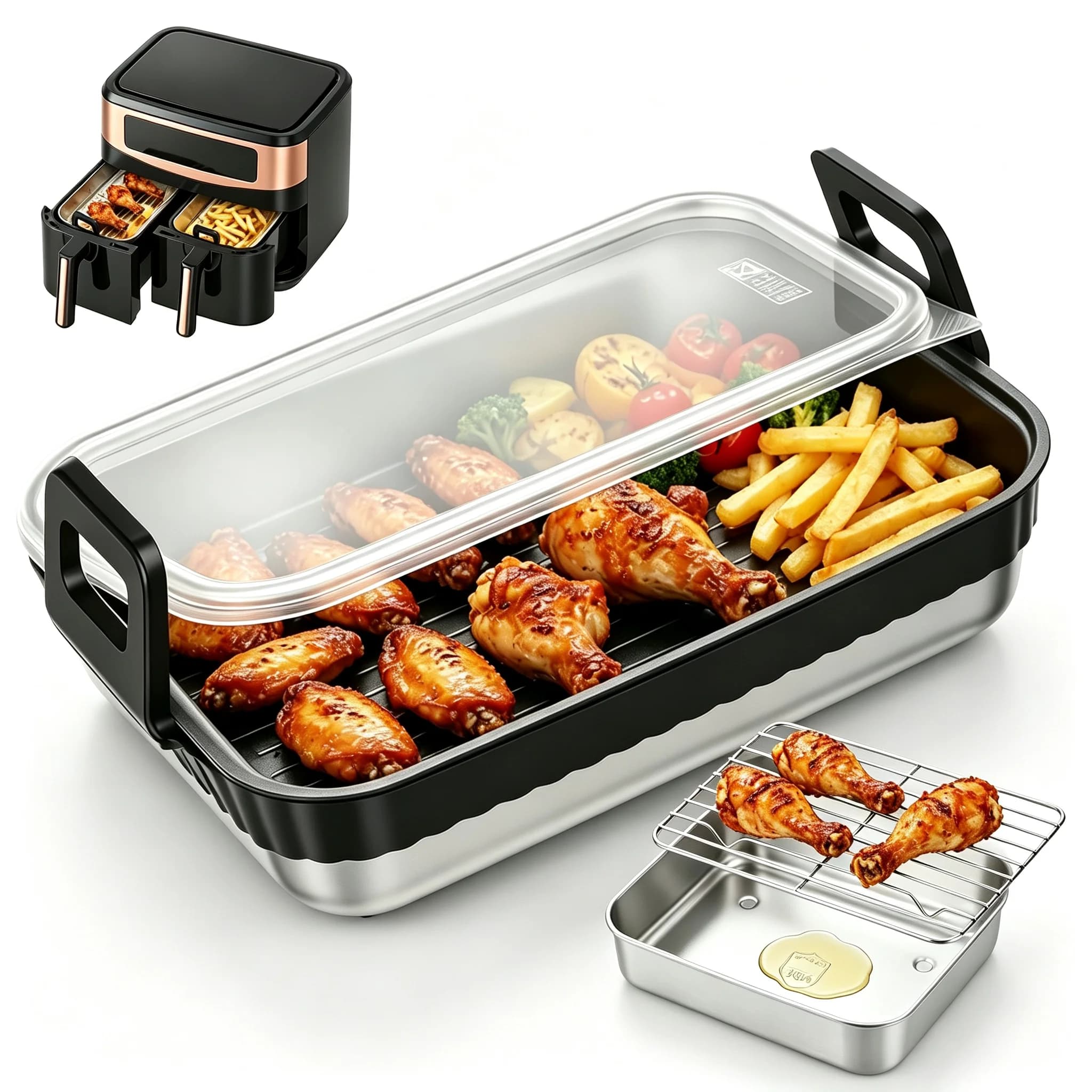 Teglia da Forno in Acciaio Inossidabile con Griglia di Drenaggio, Rivestimento per Friggitrice ad Aria con Manico, Vassoio per Arrostire, Accessori per Forno e Friggitrice ad Aria